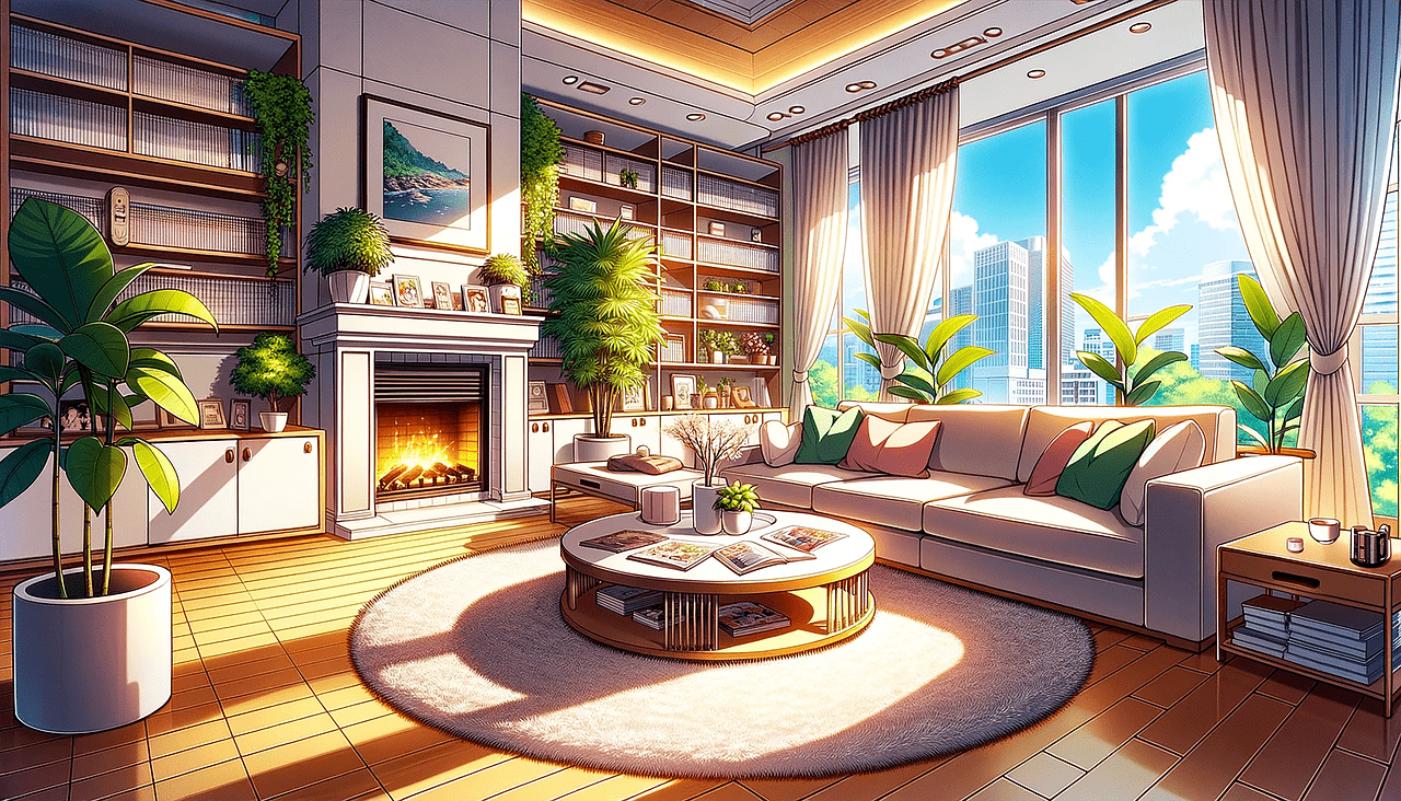 ai generated, house, living room, room, architectural, fireplace, windows, table, fengshui, interior design