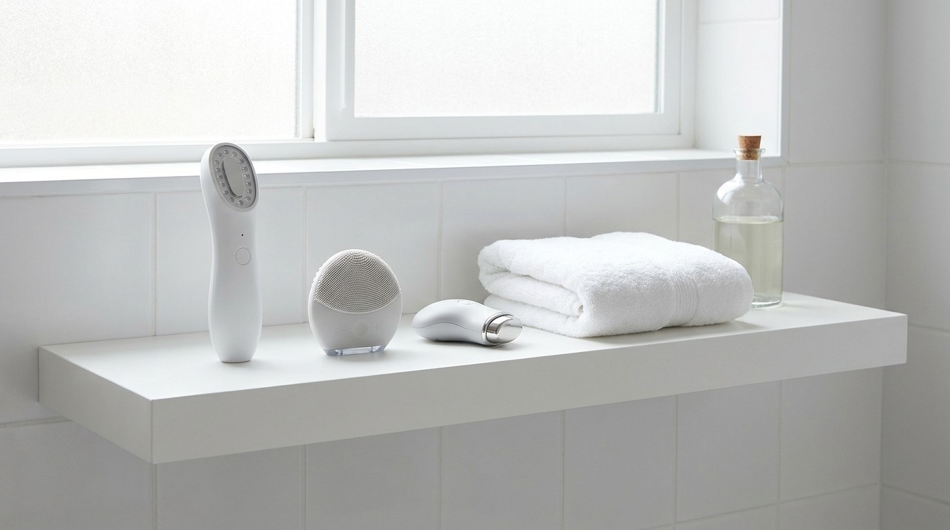 Verschiedene Beauty-Geräte auf einer hellen Badezimmerablage
