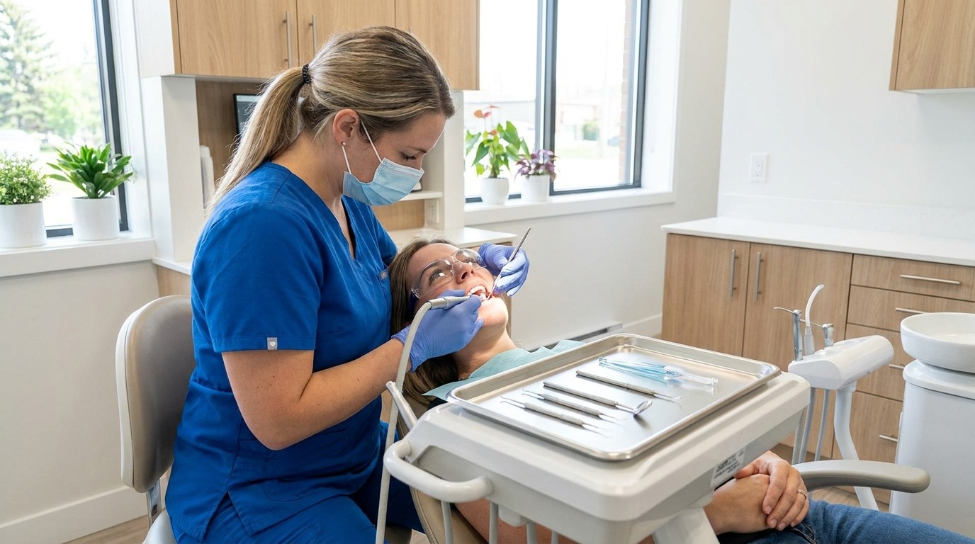 Zahnärztliche Prophylaxe-Behandlung in heller Praxis